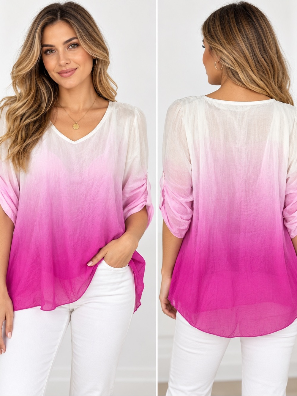 NWT Women's Ombre V-Neck Tunic in Pink and White